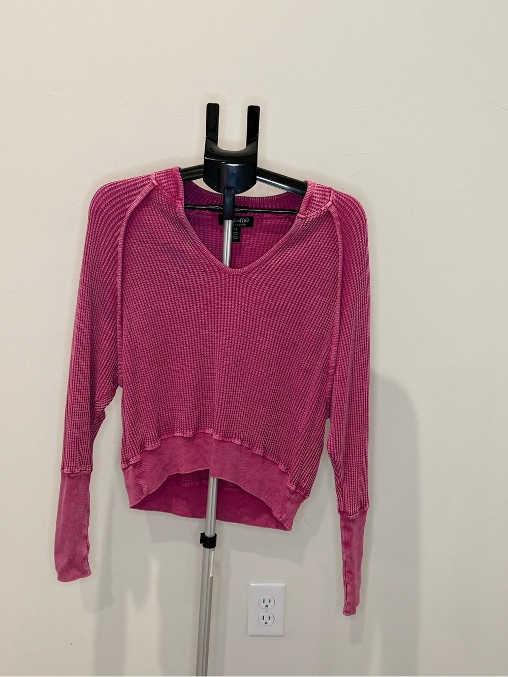Free People Pink Waffle-Knit V-Neck Long Sleeve Top